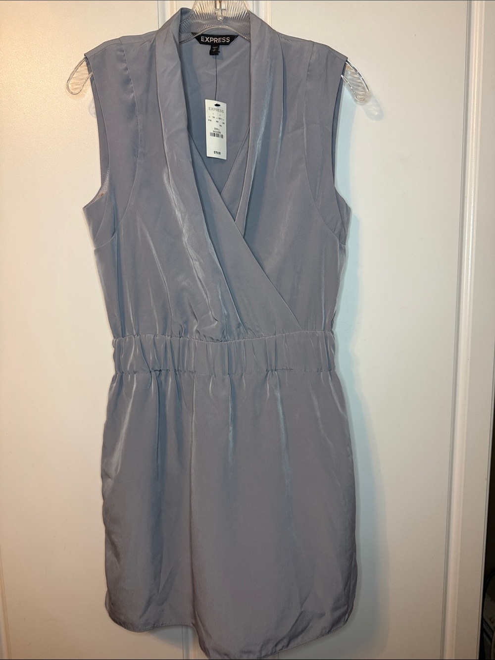 NWT Express Faux-Wrap Sleeveless Mini Dress Gray Silver Small